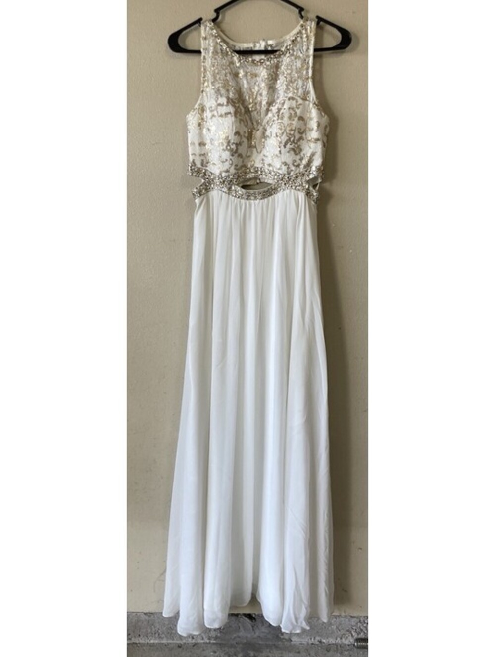 Bee Darlin gown Juniors 7/8 White Gold Sequin Beaded Rhinestone Lace Long